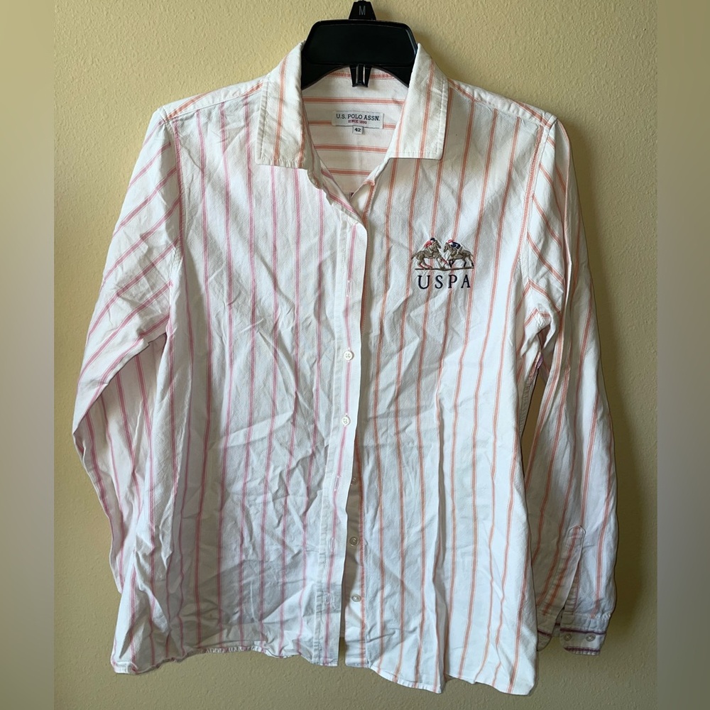 USPA White and Pink Striped Button-Up Shirt